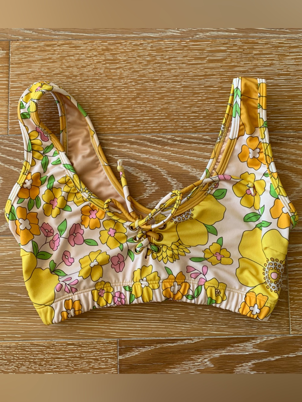 Dolphin Love Swim NWOT Yellow Floral Lace-Up Bikini Top